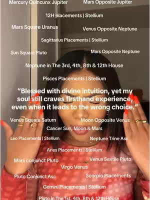 A selfie-style image with the creator in the center, surrounded by text overlays detailing astrological aspects. The text varies in color and size against a blurred background. The creator, with a soft complexion and styled hair is captured from the chest up, and is holding hands up to the side of her face. The background includes a selection of astrological terms and charts.