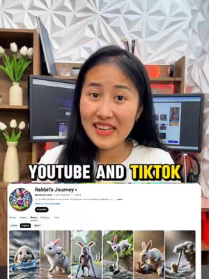 A woman is centered in the frame, smiling and looking towards the viewer. Below the woman is a screen capture of a social media account showcasing various images featuring cartoon rabbits. The woman is in front of a wall with white, geometric patterns. The background has shelves with vases with flowers and computer monitors.