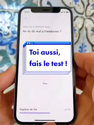 A person's hands holding a smartphone, displaying a screen with a test about trouble sleeping. A hook text is overlaid on the screen. The background is tiled with a blue pattern.
