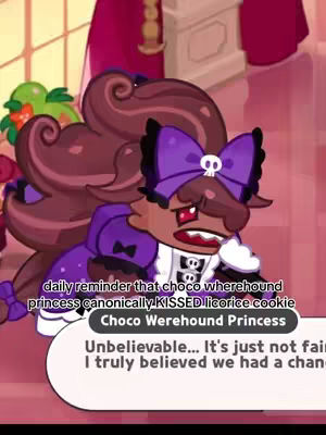 A cartoon image showing Choco Werehound Princess from Cookie Run Kingdom looking distressed. She has a purple bow with a skull on her head, and she's wearing a purple and white outfit. Text bubbles containing dialogue are also in the image.