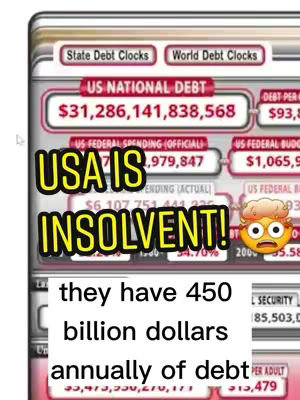 The cover image is a screenshot of a debt clock with text overlays. The background is a white and red design, featuring the words 'US NATIONAL DEBT', 'US FEDERAL SPENDING (OFFICIAL)' and several rows with numeric data. The main overlay is a yellow text that says "USA IS INSOLVENT!". Then, below the "INSOLVENT!" text, there is a white box with the text 'they have 450 billion dollars annually of debt'. A surprised face emoji with steam coming out of its head is in bottom right.