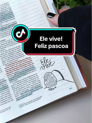 The image shows a close-up of an open Bible with text marked with highlighter. A hand with black nail polish holds the book. At the top is a graphic with the tiktok logo and text, and below, stylized text that says "Ele vive! Feliz Páscoa". In the Bible, there is handwriting and a drawing of a tomb.