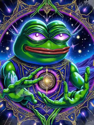 The cover image presents an artistic, psychedelic illustration of Pepe the Frog. The frog is rendered in a digital art style with vibrant green skin and large, purple eyes. It is dressed in a blue garment adorned with intricate gold patterns and symbols. The frog is positioned in front of a circular, ornate background that features a central glowing design and a starry night sky. The overall composition is visually striking, with an emphasis on bright colors and detailed patterns, suggesting a theme of cryptocurrency or digital art.
