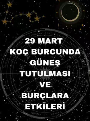 The image features a celestial-themed design with a dark background speckled with stars, a crescent moon and a planet with a ring system. The text overlay highlights the date and discusses a solar eclipse and its effects on the signs. The overall composition suggests a focus on astrology and astronomical events. The color palette uses dark tones, with white and yellow lettering.