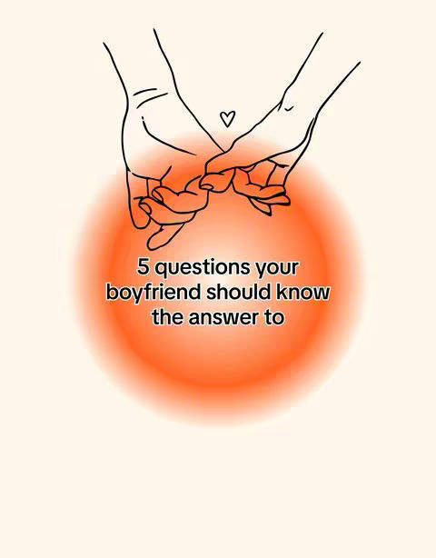 The image displays two hands holding each other's fingers in a line drawing against a light beige background. Above them is a small heart. Below the hands is a blurred orange circle, and within it, the text: '5 questions your boyfriend should know the answer to'.