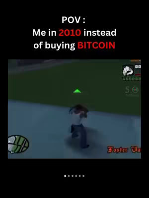 An image featuring a scene from a video game, depicting a character in a casual setting. The top portion of the image includes text, with a solid black background below that. The text overlay humorously references a regret about a financial decision related to Bitcoin.
