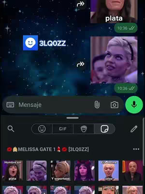 The cover image shows a phone screen with a WhatsApp chat interface. The background is a space-themed pattern with stars. Two profile pictures, one with blonde woman. The bottom of the screen displays sticker options and a text input box.