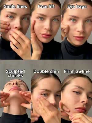 The image is a collage of six close-up shots of a woman's face demonstrating face yoga techniques. Each shot features the woman with a different hand position on her face, targeting various areas like smile lines, jawline, and eye bags. The lighting is consistent, and the background appears simple and unfocused, drawing attention to the woman and the techniques.