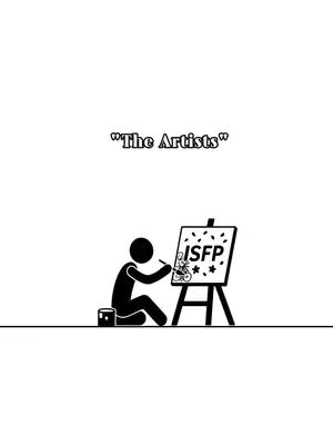 A minimalist illustration featuring a stick figure artist sitting on the ground, painting on an easel. The easel holds a canvas with 'ISFP' written on it. Above the scene, the words 'The Artists' are written.