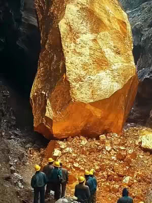 The image shows a massive, golden-colored rock formation in a cave or quarry setting. The rock dominates the frame, with a jagged, uneven surface catching the light, suggesting a metallic sheen. At the base of the rock and scattered around are other smaller rocks of a similar hue and appearance. Several figures in yellow safety helmets and dark clothing are gathered at the bottom of the image, observing the rock. The background suggests a dark, enclosed space, possibly a cavern or excavated area, with hints of dark, shadowed rock faces on either side. It conveys a sense of scale, potential discovery, and the interaction between humans and the geological element.