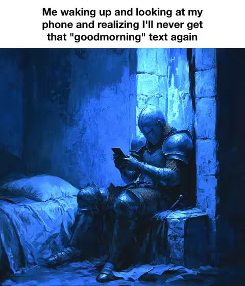 A digitally painted image, tinted in shades of blue. A figure in full medieval armor, including a helmet, is seated in a stone room, leaning against a wall. The figure stares at a smartphone held in their hands, suggesting weariness. A bed with ruffled covers is in the background. The composition is somber and reflects a mood of reflection or sadness.