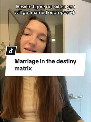 A woman with long brown hair is centered in the frame, looking towards the camera. Above her, text reads, "How to figure out when you will get married or proposed:" A white bar across her chest has text "Marriage in the destiny matrix," and a TikTok logo sits in the top left corner.
