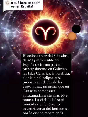 The cover image is a digital illustration centered around an astrological theme. The background gradients from a deep purple at the bottom to a bright red and orange at the top, suggesting a fiery or cosmic theme. Overlaid on the background are white, interconnected lines, hinting at constellations or a star map. The focal point is a black circle with a golden Aries symbol in the center. To the right of the circle are two smaller circular objects: an orange one and a black one, likely representing celestial bodies like the sun and moon during an eclipse. A comment box in the upper left corner asks in Spanish, 'At what time will it be visible in Spain?' Below this is a large rectangular block of text providing specific details about the eclipse. The overall layout is well-organized, with the astrological symbols and celestial imagery making the content easily recognizable.