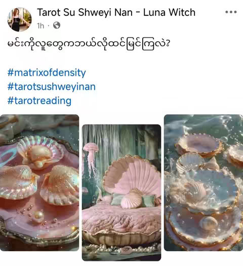 The image showcases three adjacent sections featuring different decorative arrangements. The left section highlights a collection of seashells set on a pink surface, embellished with pearlescent accents. The middle section reveals a seashell-shaped bed, bathed in pink hues and set before a waterfall backdrop. The right section presents more seashells submerged in water, enhancing the overall ethereal and artistic atmosphere. Above, there is a profile of a person followed by text in a foreign language.
