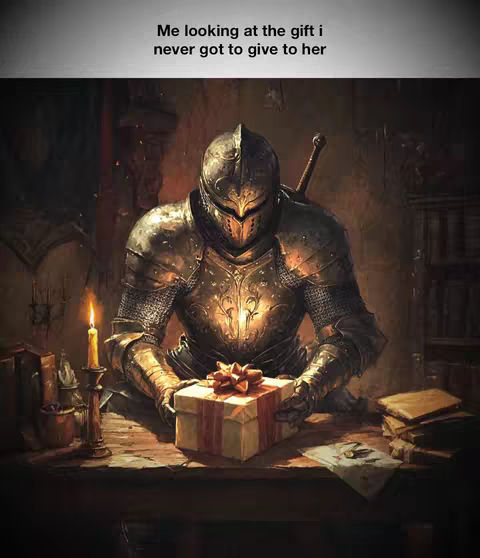 An artistic image of a knight in full armor sitting at a table, holding a gift box with a red ribbon. A lit candle and books are on the table. The background is softly lit, suggesting an interior space.