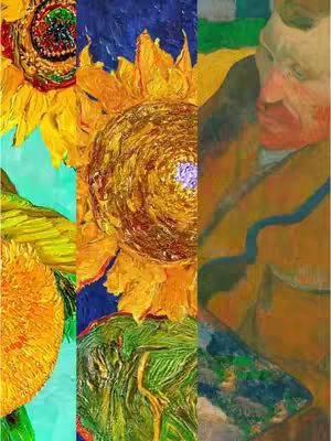The image is a vertical collage, split into three sections. The left section displays a close-up of a vibrant sunflower, with yellow petals and a rich brown center, showcasing the texture of the brushstrokes and oil paint. The middle section continues with another sunflower, also in close-up, emphasizing the central part and the intricate design. The right section shows a detail from a Van Gogh portrait, with the side of a man's face visible, featuring a red mustache and visible brushstrokes.