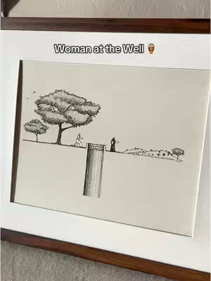 The cover image shows a framed sketch with the title "Woman at the Well." The black-and-white drawing depicts a well, a tall tree, and two figures representing the biblical scene.