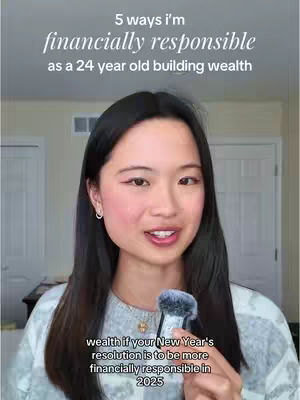 The cover image features a woman in her late 20s speaking. Overlayed text reads "5 ways i'm financially responsible as a 24 year old building wealth." The woman is centered, with soft lighting and a neutral background suggesting an indoor setting. The image has a clean, well-lit, and direct composition, suggesting a tutorial or informational video.