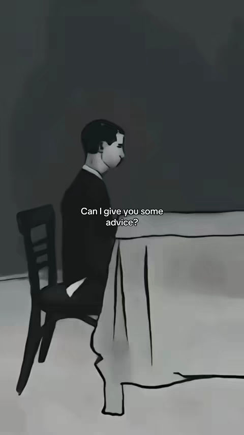 A grayscale cartoon image showing a man sitting at a table. A text bubble in the bottom features the question: Can I give you some advice?. The man is viewed in profile, appearing to be sitting in a dark room.
