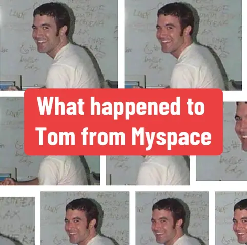 The cover image is a collage of multiple photos of a man smiling over the shoulder. A red rectangular text overlay reads 'What happened to Tom from Myspace'. The background appears to be a whiteboard or similar surface with some text and drawings. The man in the photos wears a white t-shirt. The overall image has a casual and informative look.