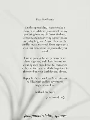 The image features a handwritten birthday message on a light gray background. The text is centered and reads 'Dear Boyfriend:' followed by a heartfelt message expressing love and wishes for a happy birthday. The bottom of the image contains the username @happybirthday_quotes.