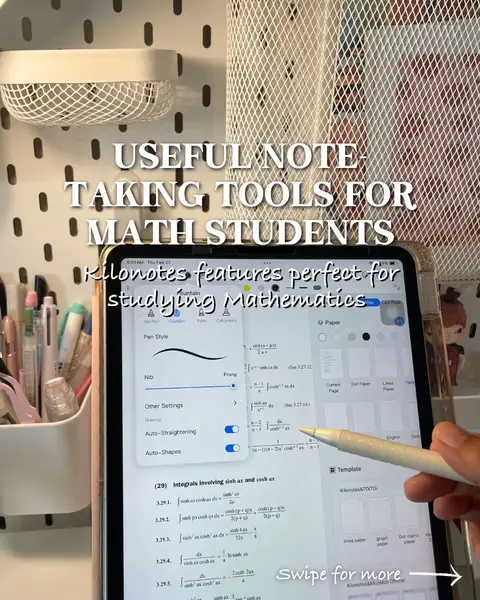 The image shows a close-up of a tablet displaying a digital note-taking app. Text overlays describe note-taking tools for students. Various stationery items are visible in the background.