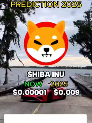 The image presents a price prediction concept. The Shiba Inu logo is prominently displayed against a scenic backdrop with a red car. Text overlays indicate price forecasts for 2025.