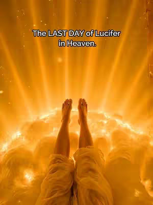 The image shows a view from below, looking up towards two legs with feet, against a bright, yellow-orange background. The legs are draped in light-colored fabric. The background resembles a radiant light source or a stylized depiction of the heavens. Text overlaid at the top reads, 'The LAST DAY of Lucifer in Heaven.'