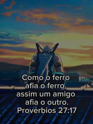 An animated image featuring a muscular character facing away from the viewer with a cityscape and a sunset in the background, and a Bible verse overlaid.