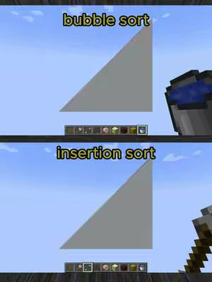 The image features two sections, each displaying a gray triangular shape, likely representing sorting visuals. The top section is labeled 'bubble sort,' and the bottom section is 'insertion sort.' A Minecraft-like environment serves as the background, with blocks, and buckets. Blue sky is visible as background.