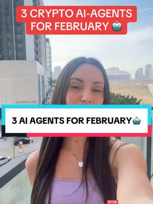 A selfie-style shot featuring a woman in front of a cityscape. The image has two text overlays: a rectangular red bar at the top with white text reading β3 CRYPTO AI-AGENTS FOR FEBRUARY π€β and a slightly larger rectangular teal bar at the bottom with white text reading β3 AI AGENTS FOR FEBRUARY π€β The woman, positioned in the mid-ground, has dark hair and is wearing a lavender top. The background is a blurred cityscape likely outdoors with high-rise buildings, a clear sky, and what appears to be a body of water, suggesting itβs a sunny day. The overall composition is straightforward, focusing on the woman with a backdrop that provides context.