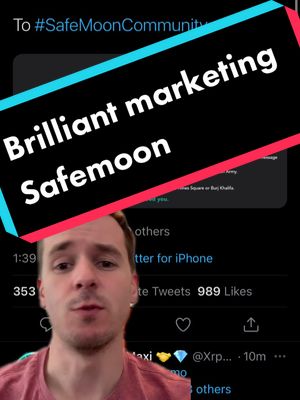 A man is centered in the bottom half of the frame, looking directly at the camera. Above him, a series of overlaid elements feature a black and teal rectangular box with white text that reads 'Brilliant marketing Safemoon' in a bold, sans-serif font. Behind this, a screenshot of a Twitter post with text and metrics is visible. The overall composition is a mix of the man's face with overlayed promotional text for Safemoon and a crypto-related tweet.
