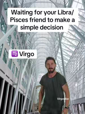 The image features a man standing in a modern building with an open-air atrium. Above him is text overlayed, with graphics indicating a zodiac sign. The background is a light, airy architectural design.