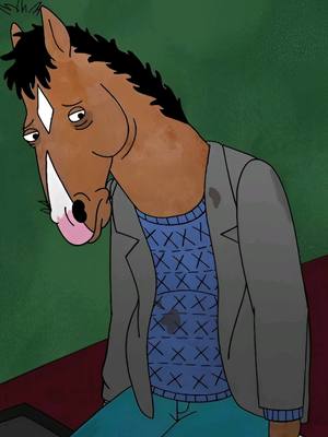The cover image depicts BoJack Horseman, the animated horse character from the show, looking despondent. He is angled to the right, with his head bowed. He's wearing a gray blazer over a blue sweater with a grid pattern, with dark patches. The background is a muted green.