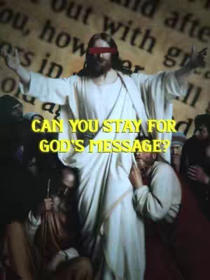 The image shows a religious scene with Jesus at the center, his arms outstretched and a red banner obscuring his eyes. The background is filled with text from a bible with several figures surrounding him. The color palette is somber with muted tones, and the text overlayed in yellow.