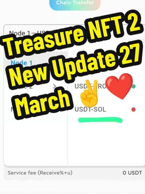 A screenshot of a mobile app interface, overlaid with large, stylized text in yellow and black. The interface shows a white background with text labels and information related to cryptocurrency or NFT transactions. Highlighted with text overlays, there's information about an update on March 27th. A thumbs up gesture and a heart emoticon add visual emphasis. The overall color scheme is bright, with a mix of white, green, red, yellow and black.