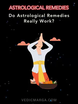 The cover image is a vertical graphic with a black background. At the top, in pink, are the words "ASTROLOGICAL REMEDIES" followed by the question "Do Astrological Remedies Really Work?" The main visual element is a stylized illustration of a woman in traditional attire kneeling with her hands in a prayer position. In front of her is a plate or bowl with what appears to be flowers or fire. Above her and to the sides are three abstract cloud shapes in pink.