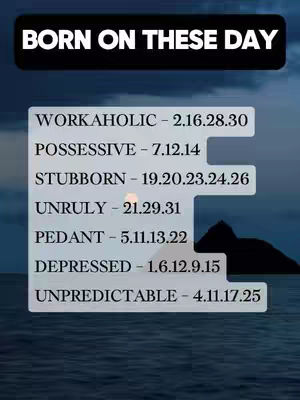 The image shows a dark blue gradient background, likely of a sky or ocean scene. Overlaid on this is a white rectangular shape containing a list of words, each followed by a string of numbers. At the top, a black banner reads 'BORN ON THESE DAY' in white text.