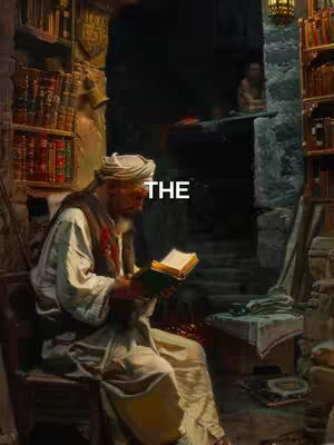 An AI-generated, classical-style image of a man reading a book in a library or study. The man, dressed in historical garments and wearing a turban, is seated and illuminated by what appears to be candlelight. The text "THE" is superimposed over the image.