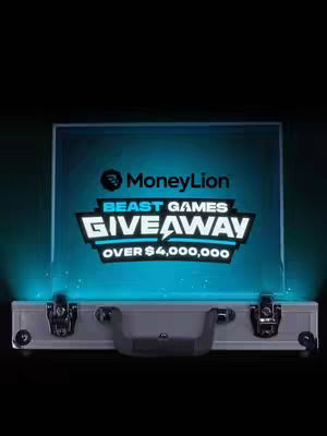 A silver briefcase with a glowing, teal-colored screen is centered against a black background. The screen displays the MoneyLion logo above the text 'BEAST GAMES GIVEAWAY' in a bold, white font with a red outline. Below this, 'OVER $4,000,000' is written. The briefcase itself is closed, with metal latches and a handle visible. The overall composition is well-lit, focusing attention on the giveaway messaging.