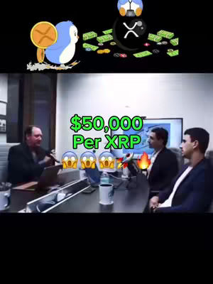 The image is a video still featuring a split composition. At the top, cartoon elements are present, including a blue bird character holding a golden coin, and a black orb labeled with the XRP symbol, with fake money surrounding it. Below, a business meeting takes place in a conference room. Three men in suits are seated around a table with laptops, with a large screen visible in the background. Overlayed at the center is bold, green text that reads "$50,000 Per XRP" with emoji reactions below and a fire at the right side and at the screen, indicating excitement.