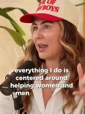 A woman with long wavy hair wears a baseball cap and speaks into a microphone. Text overlays the image.