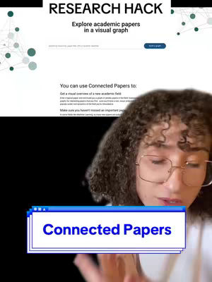 A selfie-style shot with the creator's face taking up the majority of the frame. The background is a website displaying a research tool interface. The creator is wearing glasses and has curly hair. A text overlay in a blue window at the bottom.