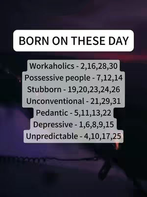 The image shows a list of personality traits and the days of the month those traits are associated with, presented in a white box against a blurry, dark background with red and purple hues. At the top, it reads 'BORN ON THESE DAY,' and below are categories such as 'Workaholics,' 'Possessive people,' 'Stubborn,' etc., each followed by specific dates.