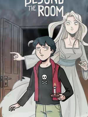 An illustration featuring a young man in a black t-shirt with a skull and crossbones and a red vest, standing in front of a door. Behind him is a translucent figure of a woman with long white hair and a dress. The title "BEYOND THE ROOM" is displayed at the top.