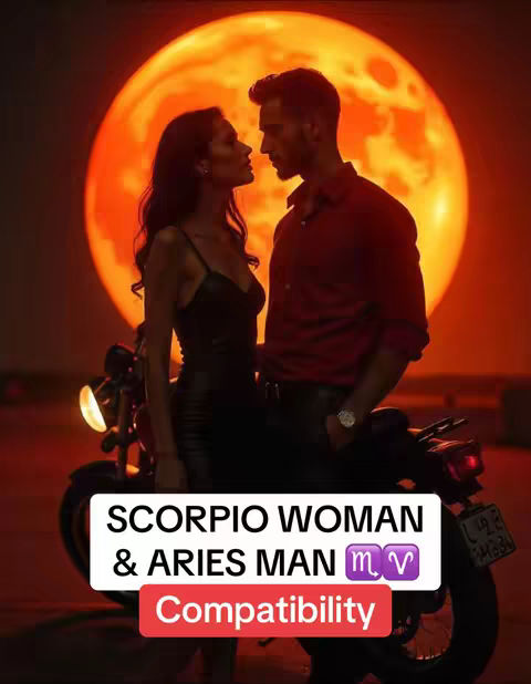 A couple stands close together in front of a large, orange, sun-like sphere, likely digitally added, appearing silhouetted against it. They are framed at waist level, with the person to the right in a open collared red shirt, and the person on the left in all black straps dress. A motorcycle is in front of them. The hook text is white with a red box emphasizing the word 'Compatibility.'