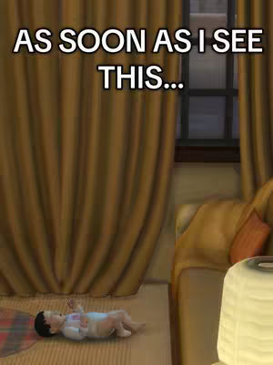 The image shows a game scene with a baby lying on a rug, a sofa, curtains and a window.
