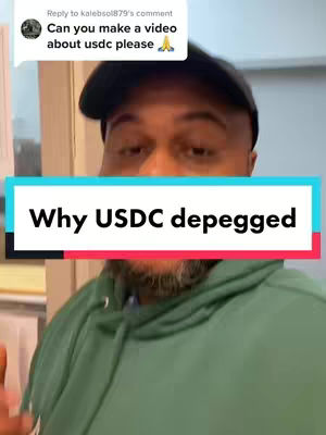 A close-up shot of a man with a beard wearing a green hoodie and a black cap. A text overlay in a colorful rectangle reads 'Why USDC depegged'. The background is blurred, suggesting an interior setting.