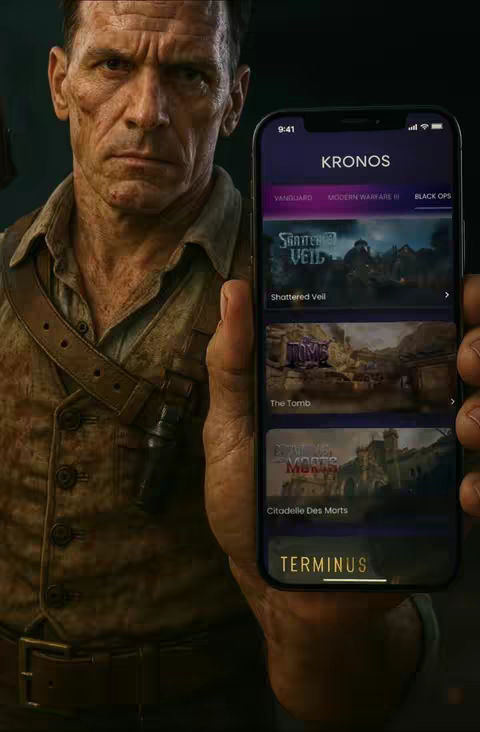 A man in a brown shirt and harness holds a phone displaying the Kronos app, which showcases different Call of Duty Zombies games and a title titled "Shattered Veil". The man's face is serious, and the background is dark. The over-the-shoulder harness helps to create a war image.