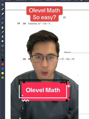 A man with glasses and a gray crew-neck shirt is looking at the camera with a surprised expression, set against a background of a math worksheet. The top left of the sheet is visible, with a red bar hovering, bearing the text 'Olevel Math So easy?'. Below this, text overlays mark 'Olevel Math' in a white-bordered red rectangle.